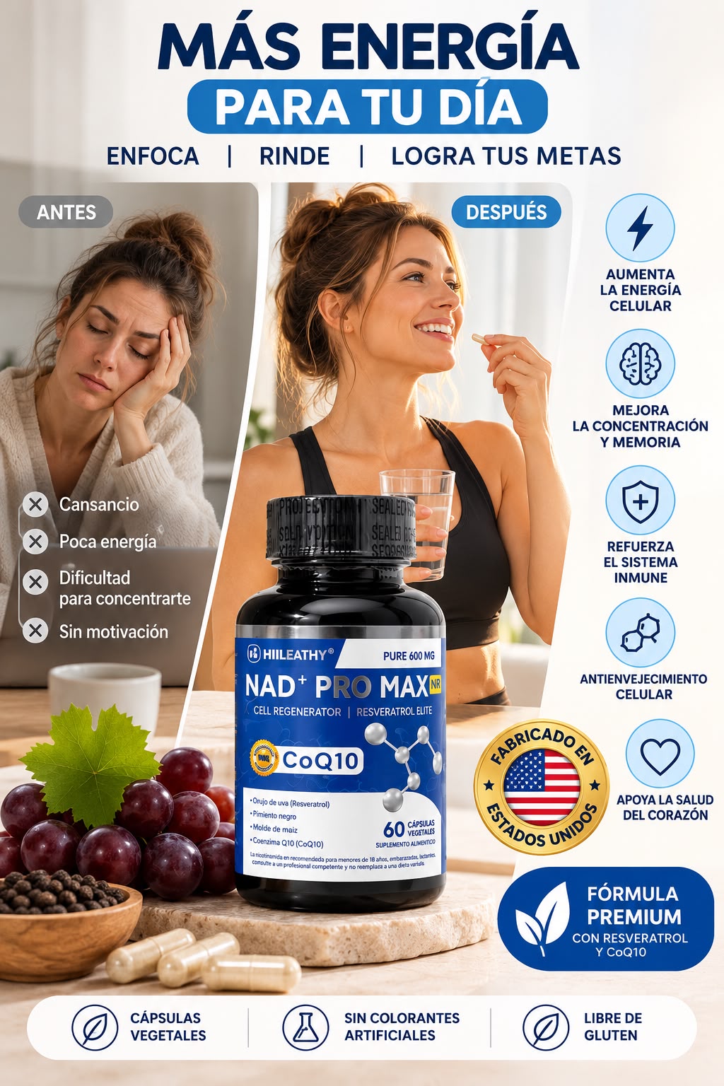 NAD+PRO MAX ⚡MÁS ENERGÍA PARA TU DÍA +🧠 ENFOCA TU DÍA. SIGUE TUS METAS + ✨ TU BIENESTAR EMPIEZA HOY