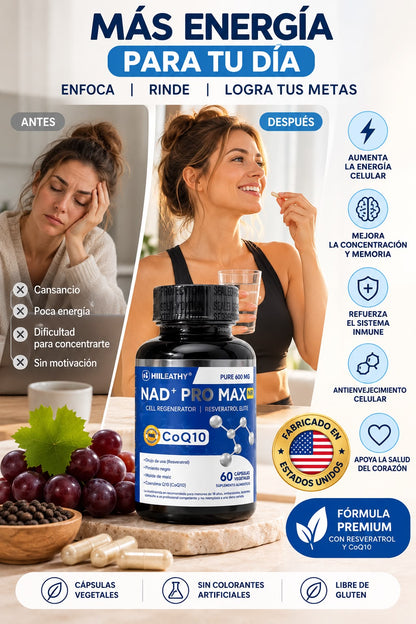 NAD+PRO MAX ⚡MÁS ENERGÍA PARA TU DÍA +🧠 ENFOCA TU DÍA. SIGUE TUS METAS + ✨ TU BIENESTAR EMPIEZA HOY