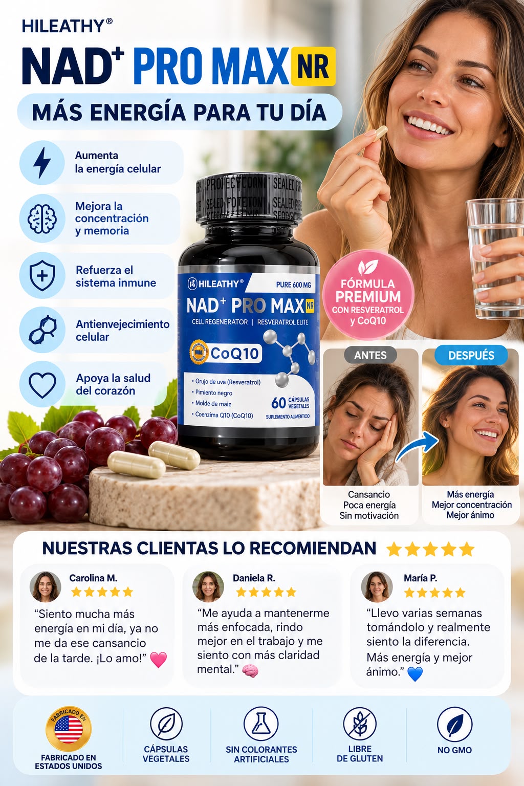 NAD+PRO MAX ⚡MÁS ENERGÍA PARA TU DÍA +🧠 ENFOCA TU DÍA. SIGUE TUS METAS + ✨ TU BIENESTAR EMPIEZA HOY