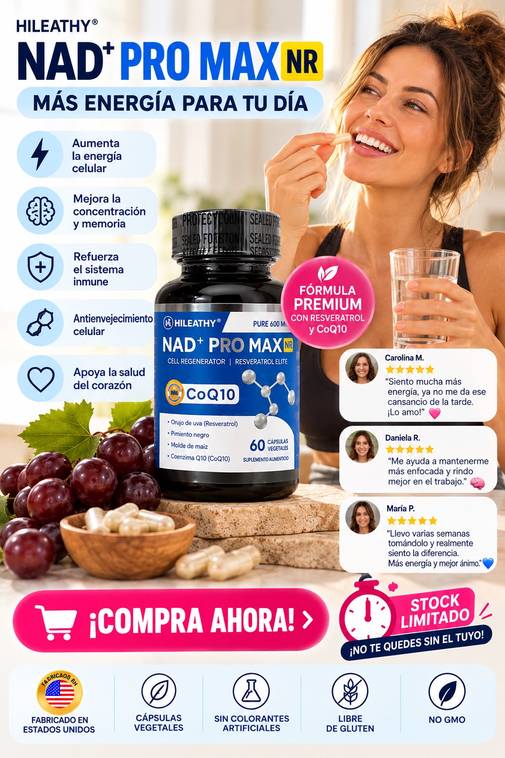 NAD+PRO MAX ⚡MÁS ENERGÍA PARA TU DÍA +🧠 ENFOCA TU DÍA. SIGUE TUS METAS + ✨ TU BIENESTAR EMPIEZA HOY