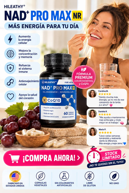 NAD+PRO MAX ⚡MÁS ENERGÍA PARA TU DÍA +🧠 ENFOCA TU DÍA. SIGUE TUS METAS + ✨ TU BIENESTAR EMPIEZA HOY
