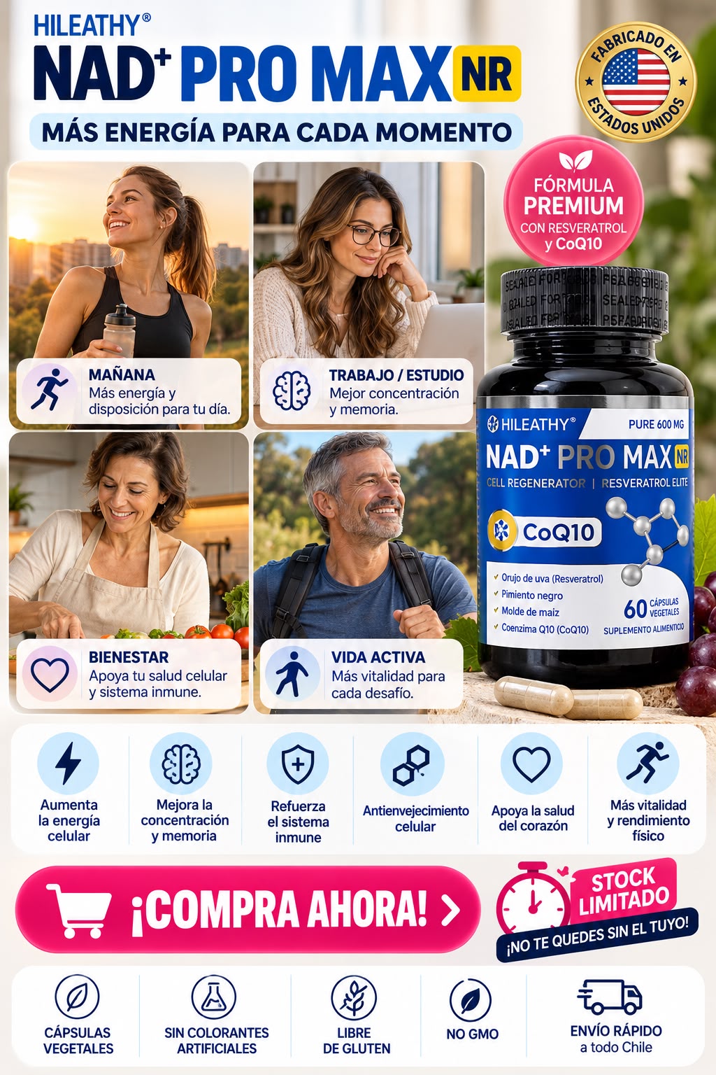 NAD+PRO MAX ⚡MÁS ENERGÍA PARA TU DÍA +🧠 ENFOCA TU DÍA. SIGUE TUS METAS + ✨ TU BIENESTAR EMPIEZA HOY