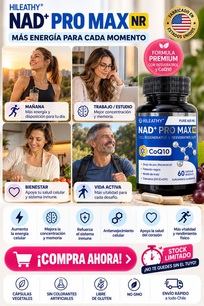 NAD+PRO MAX ⚡MÁS ENERGÍA PARA TU DÍA +🧠 ENFOCA TU DÍA. SIGUE TUS METAS + ✨ TU BIENESTAR EMPIEZA HOY